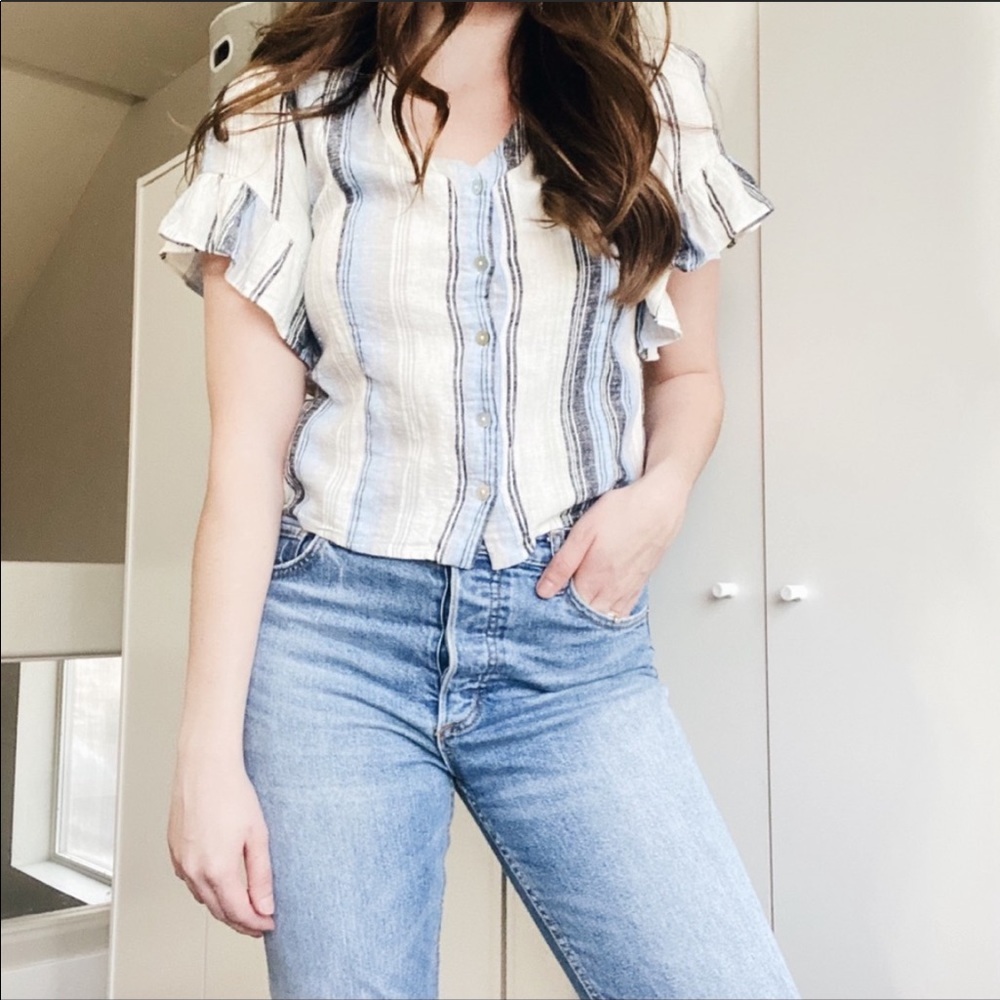 Anthropologie Drew Stripe Flutter Button Linen Top